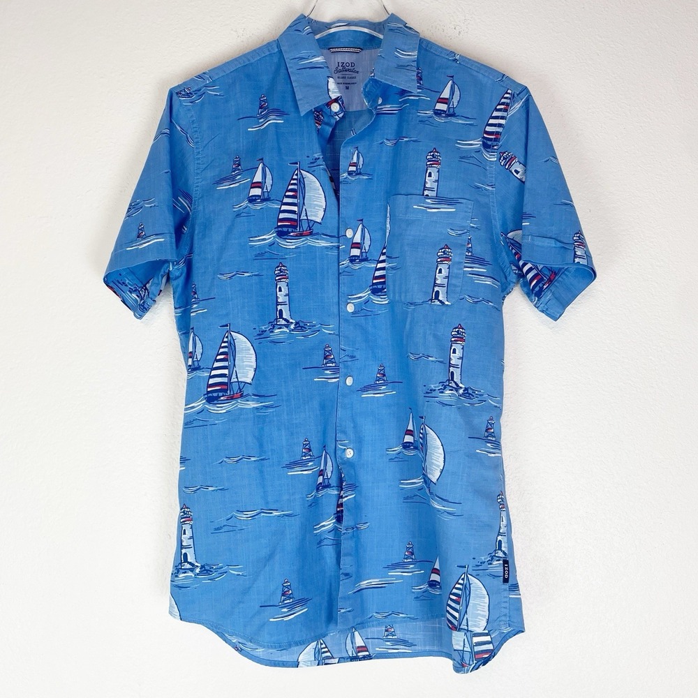 Izod Saltwater Shirt Mens Medium Button Up Sailboats Preppy Classic Lightweight
